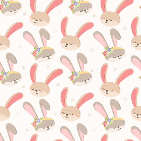Heads of cute flat Easter bunnies. Vector cartoon seamless animal pattern.のイラスト素材