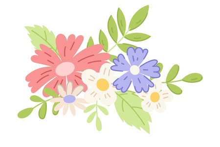 Bundle of Multicolored Flats of Wildflowers and Leaves on twigs. Vector isolated Bouquet of cartoon daisies and cornflowers.のイラスト素材