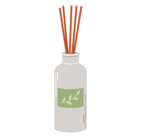 Flat bottle of aroma diffuser with reed sticks. Cartoon design element, spa and aromatherapy concept.のイラスト素材