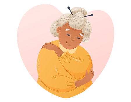 Self Love concept. Cartoon Old Gray Haired Woman Hugging herself. Vector flat illustration of a pensioner Respecting and Accepting herself.のイラスト素材