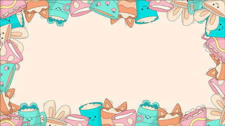 Cartoon Frame of Tea or Coffee Cups in doodle style. Vector kids cute banner.のイラスト素材