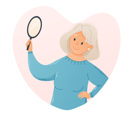 Smiling old gray haired woman looking into a hand held round mirror. Self love concept. Vector cartoon isolated illustration of a retired woman in flat style.のイラスト素材