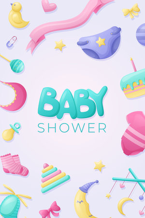 Cartoon baby shower concept. Vector background or banner with a frame of children toys and accessories.のイラスト素材