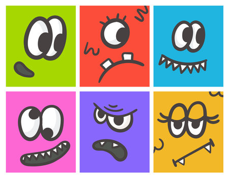 Funny faces of fictional toothy monsters with eyes and mouth. Set of bright vector cards or banners in doodle style.のイラスト素材