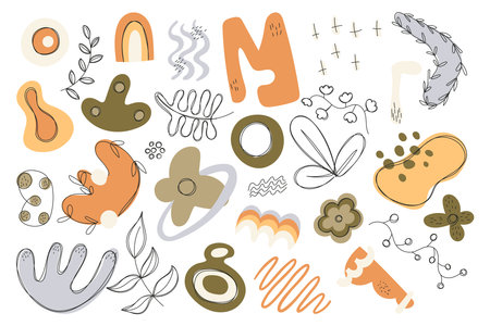 Vector set of isolated doodle design elements. Abstract flat decorative spots and blots, line branches and leaves.のイラスト素材