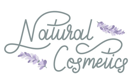 Vector isolated Handwritten lettering Natural cosmetics, lavender or lilac branches with petals.のイラスト素材