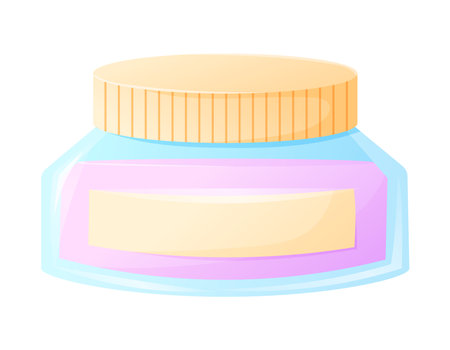 Glass jar with a closed lid, with pink face cream or essential oil. Vector isolated cartoon illustration of cosmetic product packaging.のイラスト素材