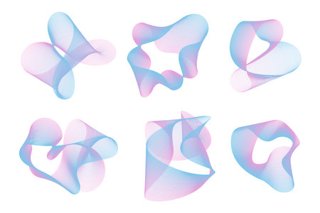 Collection of six abstract vector design elements. Blue purple Smooth curly mesh gradient shapes.のイラスト素材