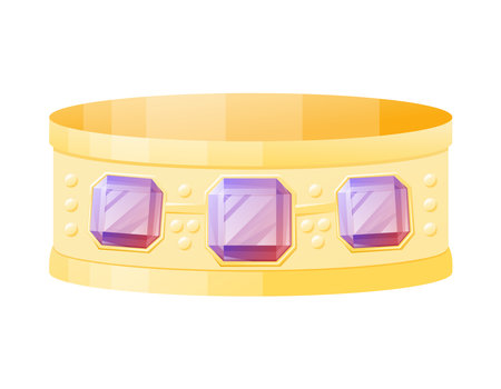 Gold bangle with realistic glowing purple gemstones. Vector isolated cartoon female jewelry treasure precious.のイラスト素材