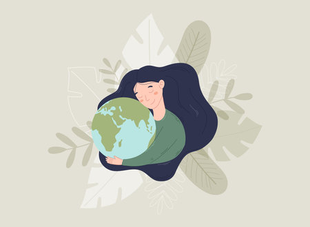 Young cartoon beautiful woman with long hair hugging the planet. Vector isolated design element in flat style, Concept of mother earth and conservation of nature.のイラスト素材