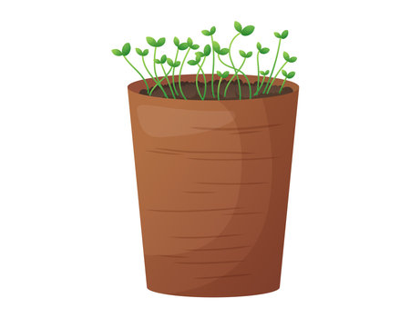 Young sprouts of seedlings in a pot. Vector isolated cartoon potted plants, gardening and sowing concept.のイラスト素材