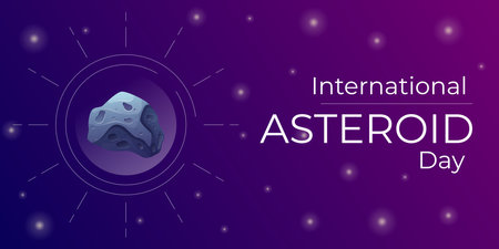International World June holiday Asteroid Day. Vector cartoon space banner with meteorites and...