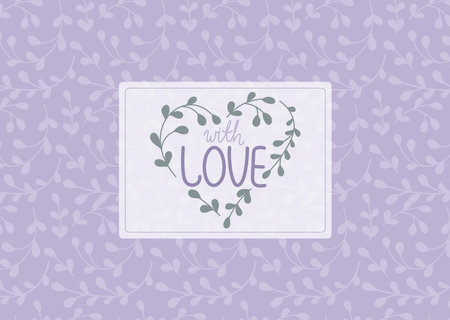 Lettering text With love, heart shape from twigs with leaves. Vector isolated label or sticker in flat style, floral pattern.のイラスト素材