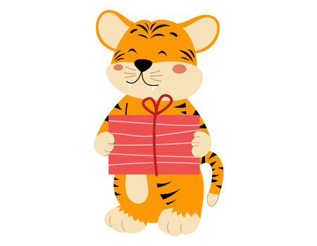 Cute baby tiger cub holding a gift box with a bow for a happy birthday. Vector cartoon wild cat animal.のイラスト素材