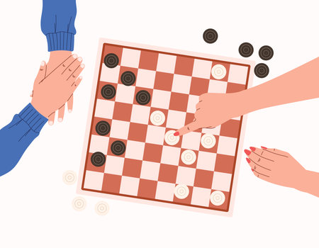 Flat People playing checkers, top view. Hands making a move in a logic board game. Cartoon isolated vector chess board.のイラスト素材