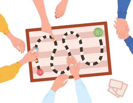 Board game with chips, dice, people hands, top view. Vector isolated flat illustration, children entertainment, logical educational toy. Playing field with start and finish.のイラスト素材