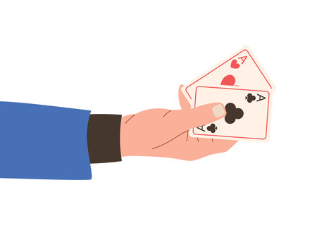 Vector isolated male hand in a suit holding two playing cards, the concept of the board logic game poker, flat style.のイラスト素材