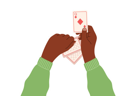 Vector isolated male hands holding playing cards, the concept of the board logic game poker, flat style.のイラスト素材