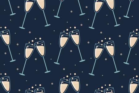 Pair of cartoon festive glasses with alcoholic wine or champagne with bubbles, vector seamless pattern.のイラスト素材