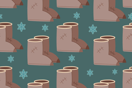 Traditional felt boots with patches, warm winter shoes, vector seamless pattern.のイラスト素材