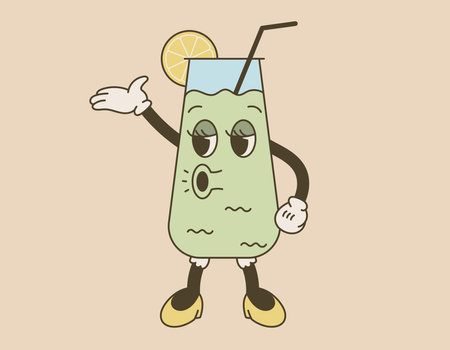 Funny retro groove character, a glass with an alcoholic cocktail and a drinking straw. Vector isolated lemonade drink in old cartoon style.のイラスト素材