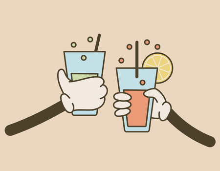 Two clinking hands with cocktails in old cartoon style. Vector isolated groovy retro illustration, glasses with alcoholic drinks.のイラスト素材