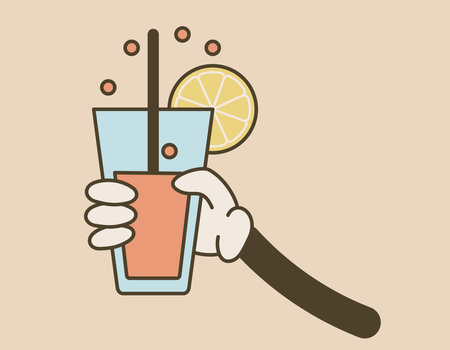 Groovy hand holding a glass with a cocktail or lemonade and a drinking straw. Vector isolated retro illustration, old cartoon style.のイラスト素材