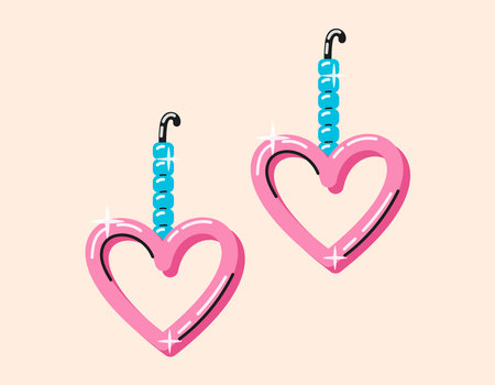 Cute girlish beaded earrings. Handmade jewelry, bijouterie with hearts. Vector isolated cartoon illustration, 90s retro style.のイラスト素材