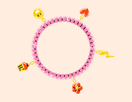 Girlish cute handmade bracelet with pendants or keychains. Vector cartoon isolated baby beaded flat chain, 90s fashion.のイラスト素材