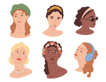 Set of portraits of beautiful young fashionable women. Collection of vector flat heads of girls.のイラスト素材
