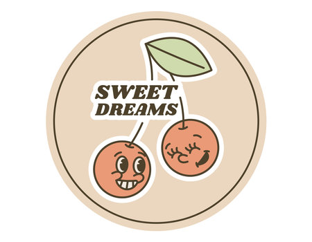 Round retro sticker. Funny Groovy old cartoon character, a couple of cherries in love. Lettering sweet dreams. Vector isolated flat label.のイラスト素材