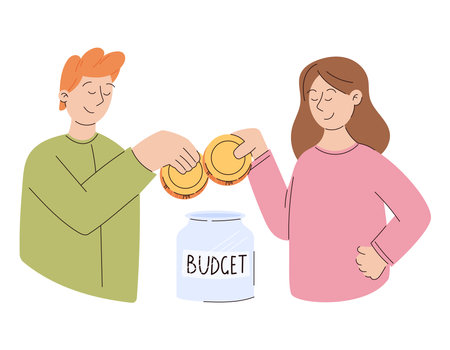 Concept of family budget and saving money. Cartoon man and a woman putting a gold coin into a jar. Vector isolated flat illustration, husband and wife dealing with finances.のイラスト素材