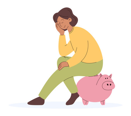 Saving money concept. Young woman sitting on a piggy bank. Vector isolated flat illustration.のイラスト素材