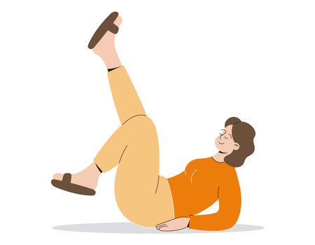 Cheerful young woman lying on the floor with her legs up. Vector isolated flat illustration.のイラスト素材