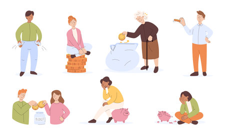 Saving money and finance concept. Set of vector isolated flat illustrations of cartoon people dealing with budgeting.のイラスト素材