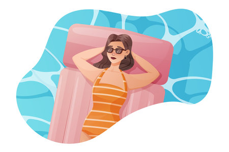 A cartoon young woman lying in a swimsuit on an air mattress wearing sunglasses on the surface of the water. Summer sea holiday conceptのイラスト素材