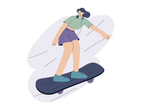 Vector funny isolated flat girl skateboarder. Young cartoon woman riding a skateboard.のイラスト素材