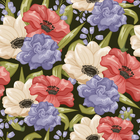 Beautiful blooming buds of roses, anemones and lupins. Vector seamless pattern, cartoon bouquet of flowers with green leaves. Decorative flower arrangement.のイラスト素材