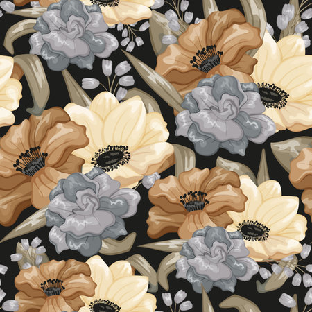 Beautiful blooming buds of roses, anemones and lupins. Vector seamless pattern, cartoon bouquet of flowers with green leaves. Decorative flower arrangement.のイラスト素材