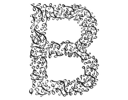 Floral alphabet. Vector isolated black and white Letter B decorated with elegant leaves, sketch style.のイラスト素材