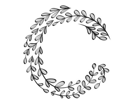 Floral alphabet. Vector isolated black and white Letter C decorated with elegant leaves, sketch style.のイラスト素材