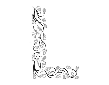 Floral alphabet. Vector isolated black and white Letter A decorated with elegant leaves, sketch style.のイラスト素材