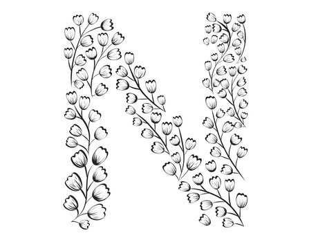 Floral alphabet. Vector isolated black and white Letter N decorated with elegant leaves, sketch style.のイラスト素材