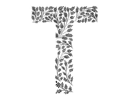 Botanical decorative illustration, doodle of twig with leaves. Capital letter t of the Latin alphabet.のイラスト素材