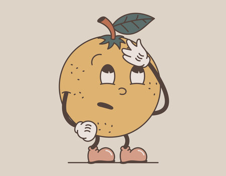 Funny retro groovy fruit character. Vector isolated orange rolling his eyes and doing a facepalm, old cartoon style.のイラスト素材