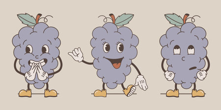Funny groovy retro character bunch of grapes. Set of vector isolated cheerful fruit, old cartoon style. Emotions of excitement, rolled eyes.のイラスト素材
