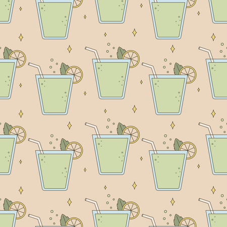 Glass with lemonade or cocktail, drinking straw. Vector seamless groovy pattern, retro old cartoon style.のイラスト素材