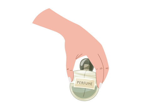 Elegant cartoon female hands with manicure holding a glass green bottle of perfume. Vector isolated fashion illustration, fragrant eau de parfum.のイラスト素材