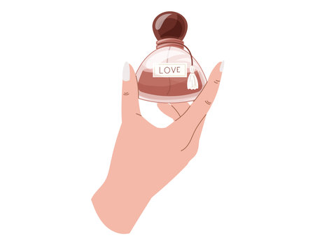 Elegant cartoon female hands with manicure holding a glass bottle of perfume. Vector isolated fashion illustration, fragrant eau de parfum.のイラスト素材