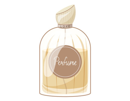 Glass elegant bottle of fragrant perfume. Vector isolated cartoon yellow eau de parfum.のイラスト素材